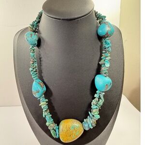 Turquoise Nugget Necklace Silver tone Chunky Blue Toggle Clasp Unique 18 inch